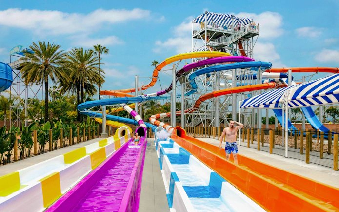 Water slides and palm trees at Knott's Soak City water park.