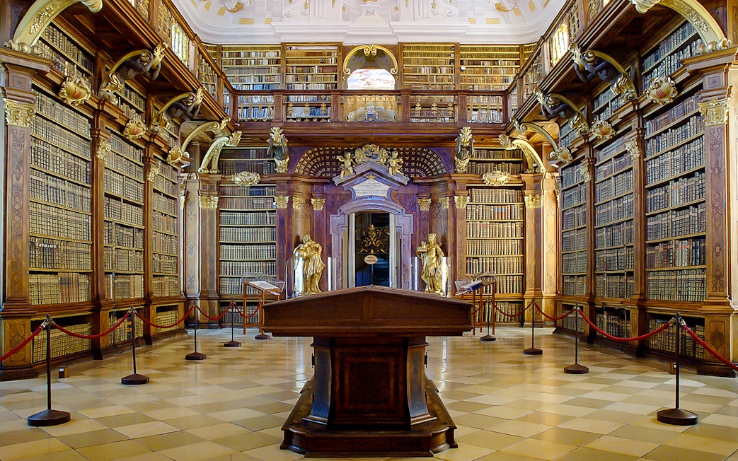 Baroque library interior in Melk Abbey, part of a day trip to Danube Valley from Vienna.