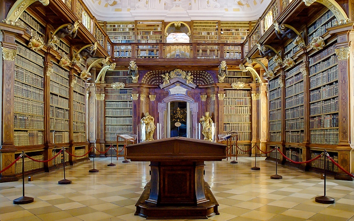 Baroque library interior in Melk Abbey, part of a day trip to Danube Valley from Vienna.
