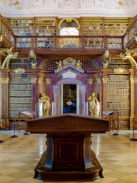 Baroque library interior in Melk Abbey, part of a day trip to Danube Valley from Vienna.