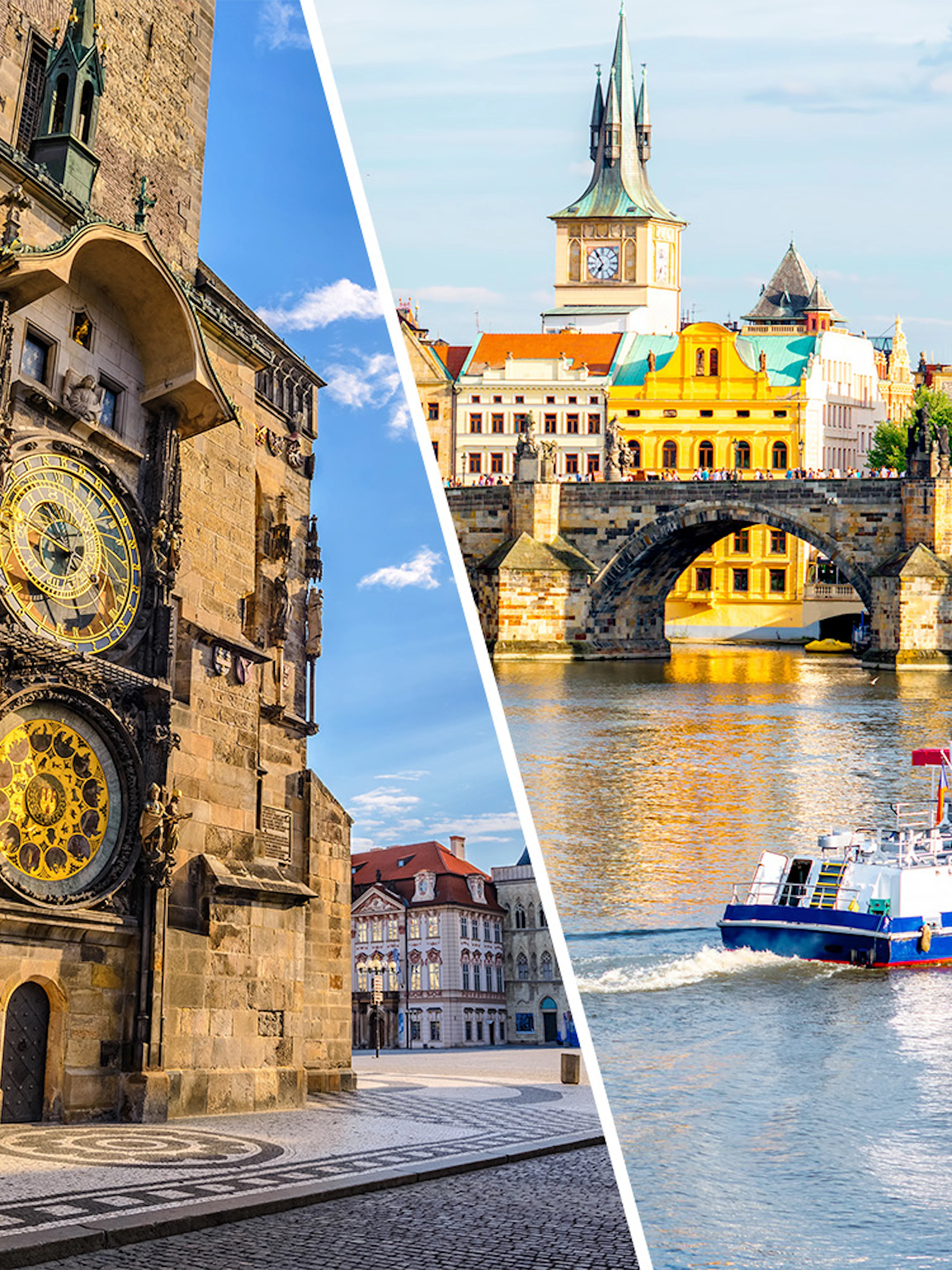 Astronomical Clock in Prague and a boat on the Vltava River near Charles Bridge.