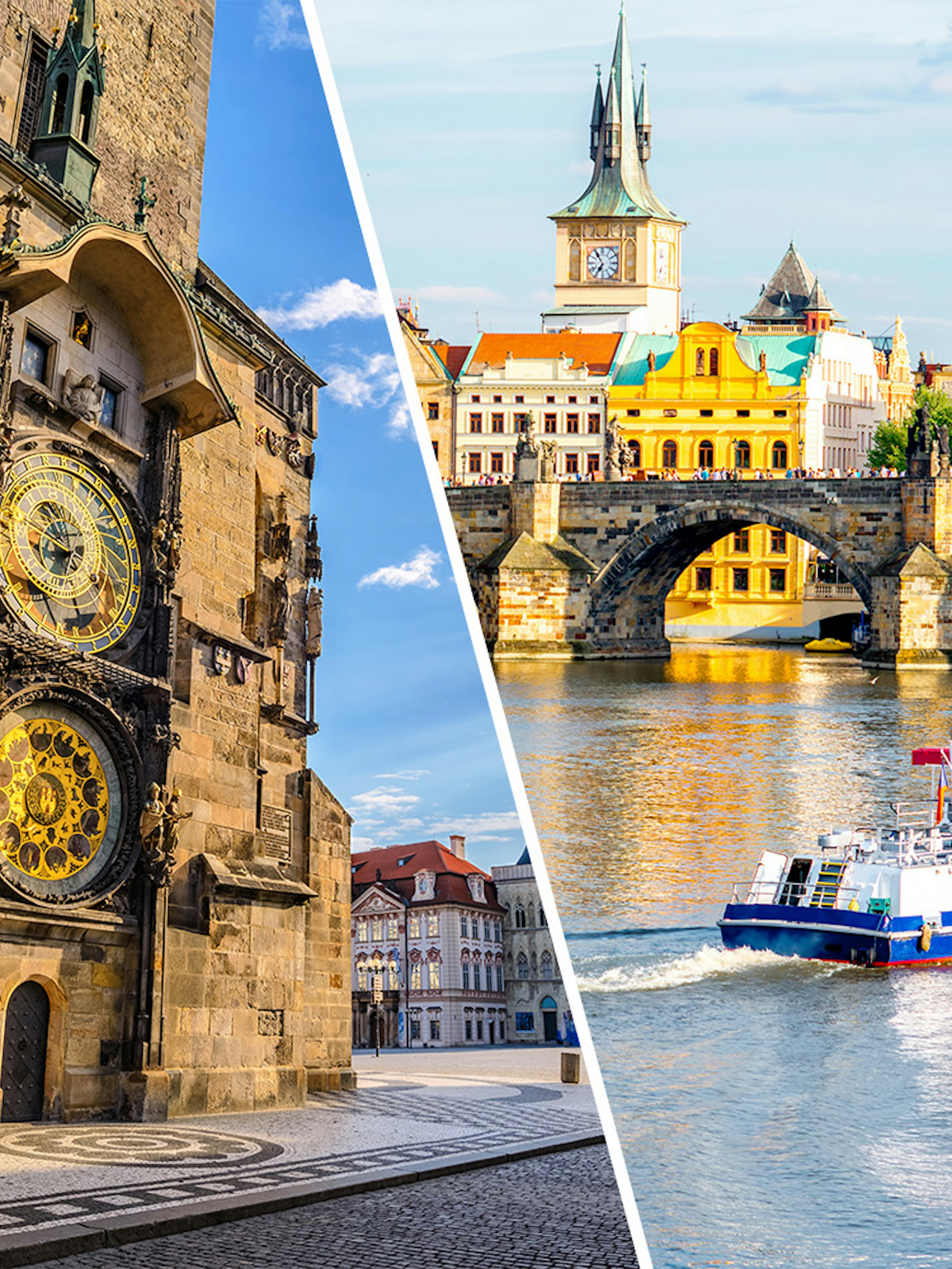 Astronomical Clock in Prague and a boat on the Vltava River near Charles Bridge.