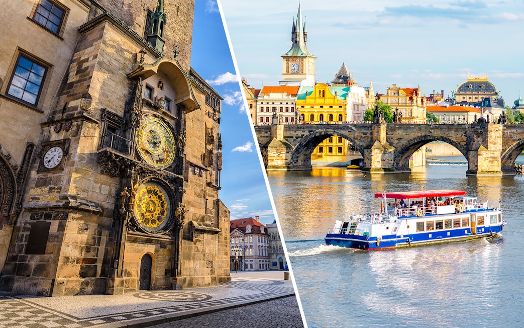 Astronomical Clock in Prague and a boat on the Vltava River near Charles Bridge.