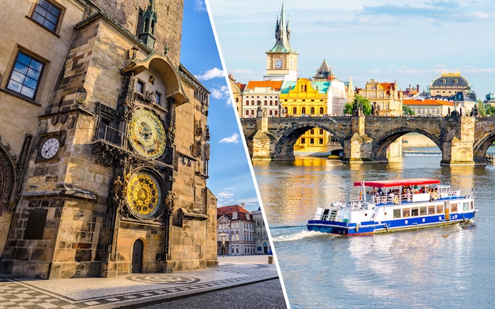 Astronomical Clock in Prague and a boat on the Vltava River near Charles Bridge.