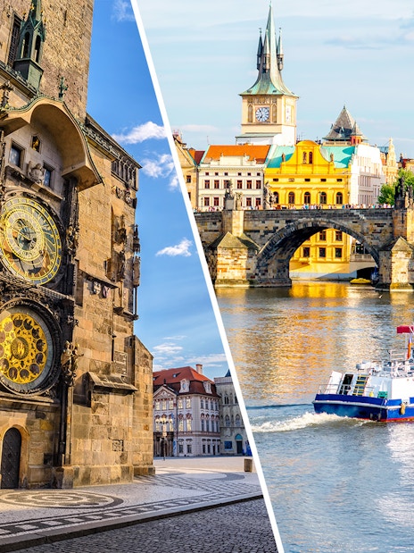 Astronomical Clock in Prague and a boat on the Vltava River near Charles Bridge.