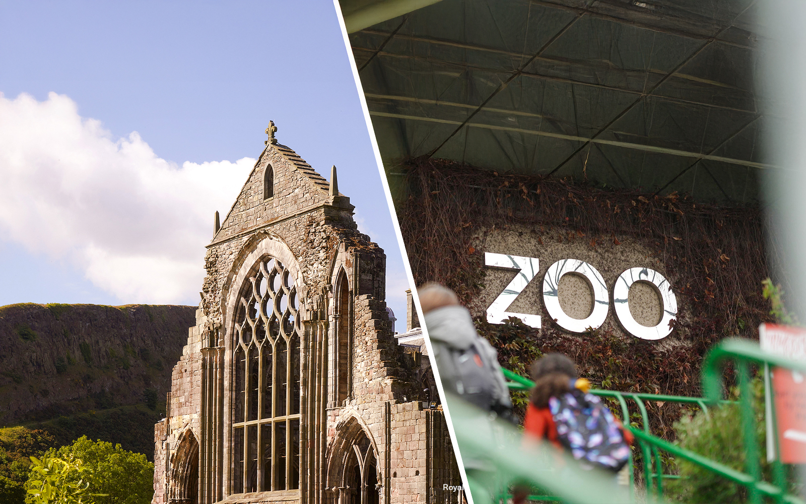 Holyrood Abbey ruins with arched windows at the Palace of Holyroodhouse, Edinburgh.