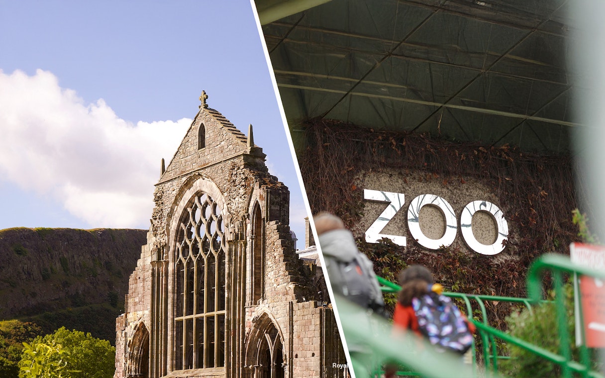 Holyrood Abbey ruins with arched windows at the Palace of Holyroodhouse, Edinburgh.