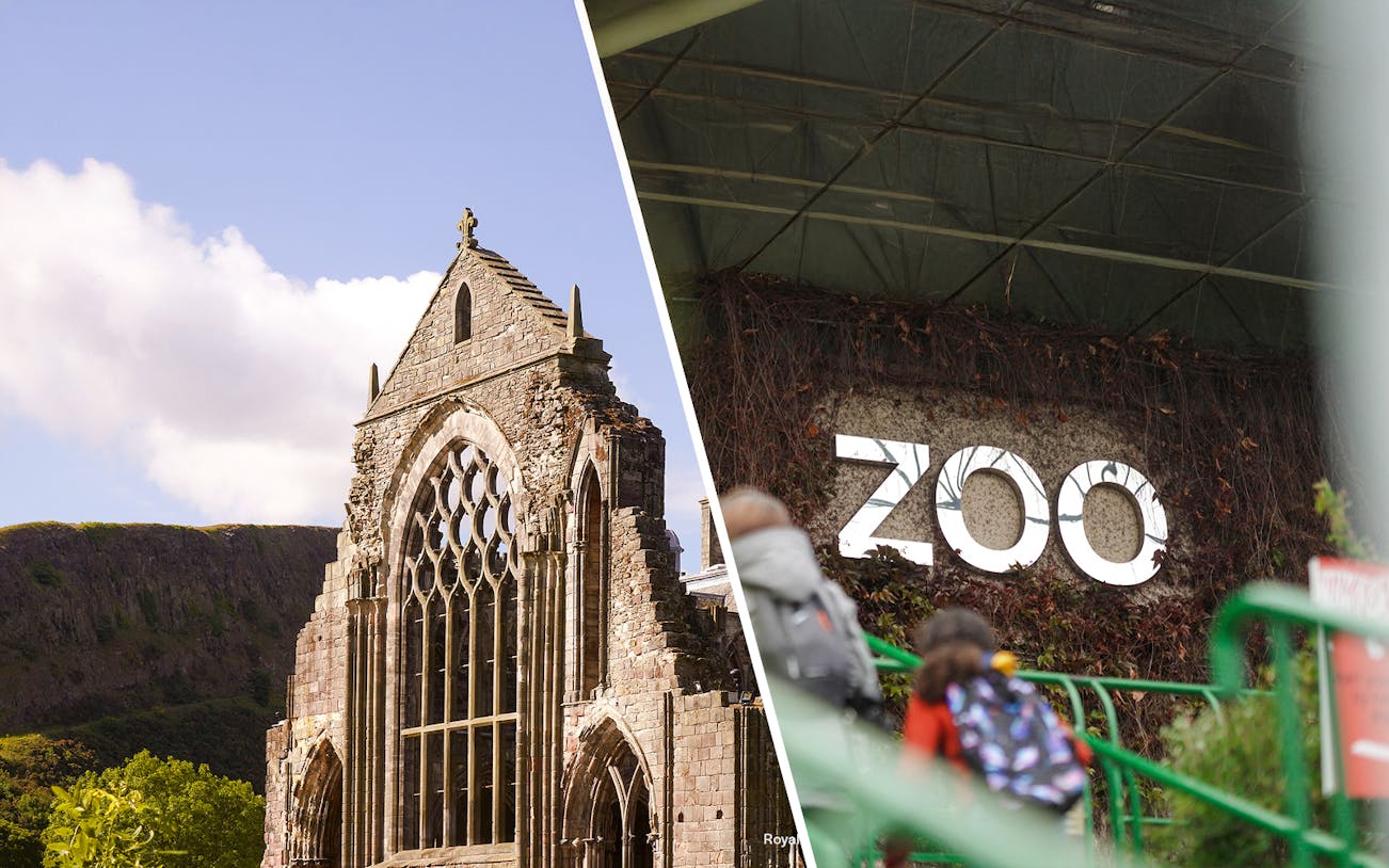 Holyrood Abbey ruins with arched windows at the Palace of Holyroodhouse, Edinburgh.
