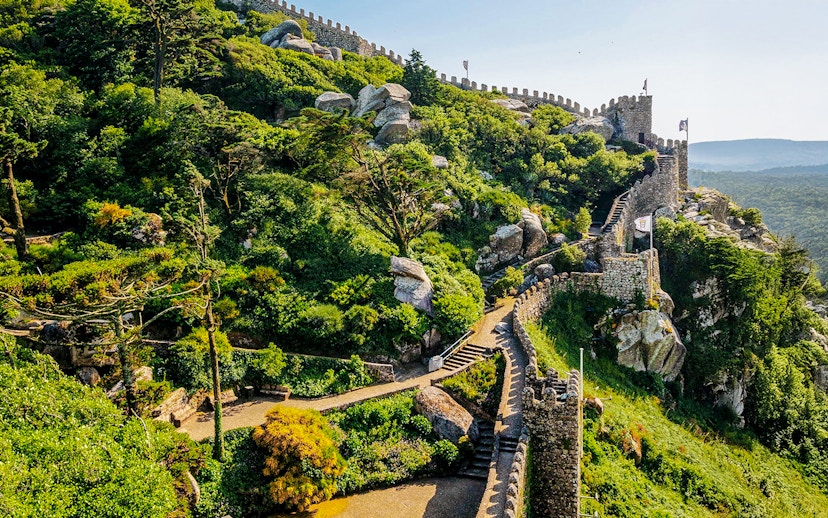 Ancient stone walls of Moorish Castle with scenic views in Sintra, Portugal.