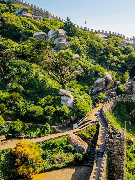 Ancient stone walls of Moorish Castle with scenic views in Sintra, Portugal.