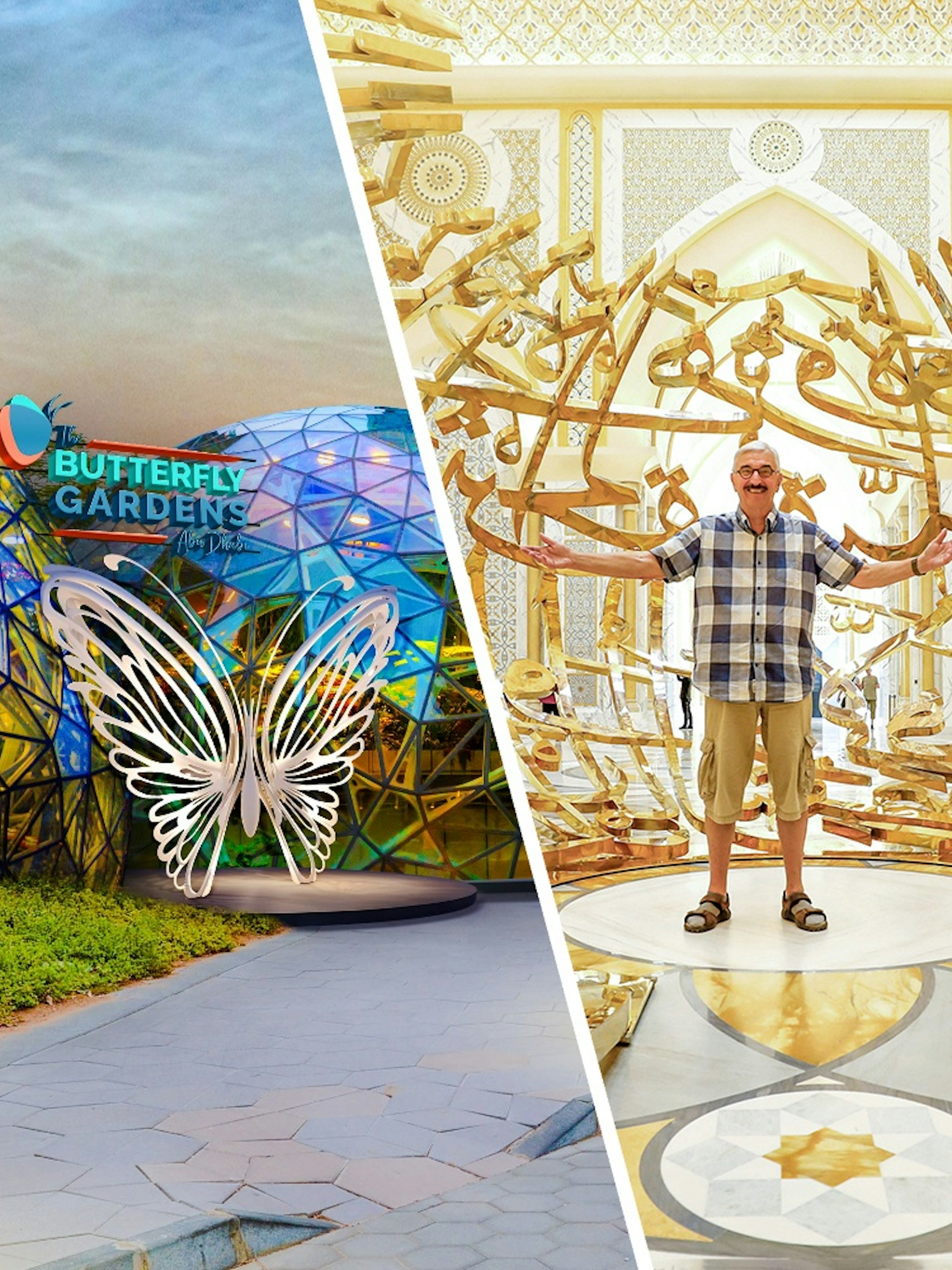 Butterfly Gardens entrance with illuminated butterfly sculpture and geometric dome.