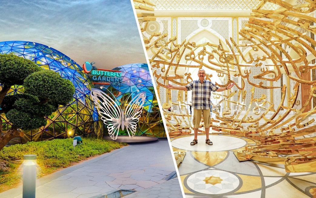 Butterfly Gardens entrance with illuminated butterfly sculpture and geometric dome.