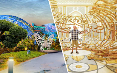 Butterfly Gardens entrance with illuminated butterfly sculpture and geometric dome.