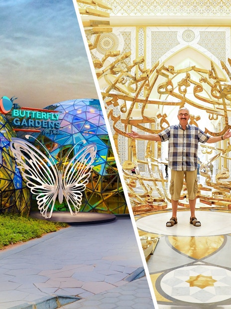 Butterfly Gardens entrance with illuminated butterfly sculpture and geometric dome.