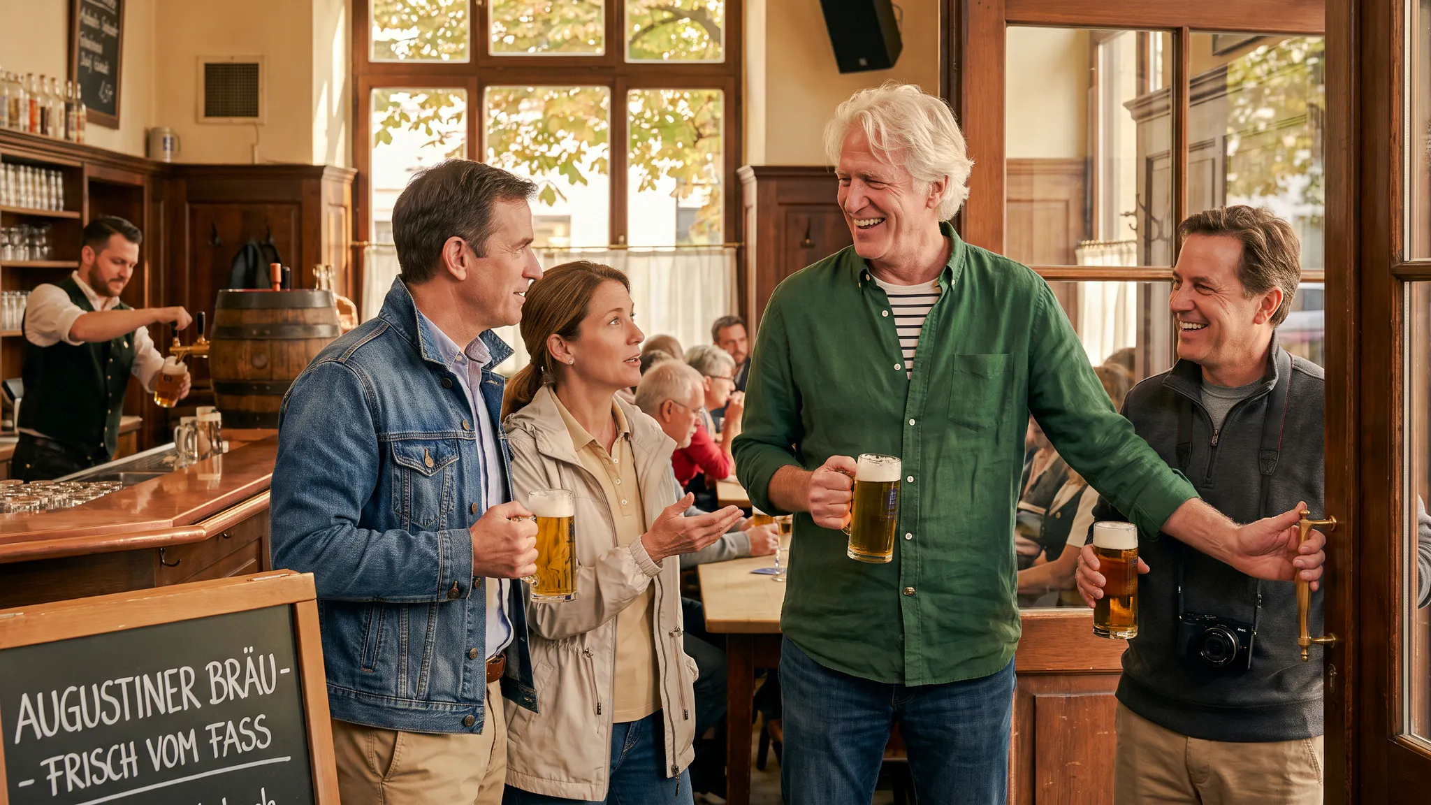 Group enjoying beer at a Munich pub during Oktoberfest keg tapping tour.