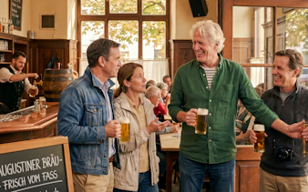 Group enjoying beer at a Munich pub during Oktoberfest keg tapping tour.