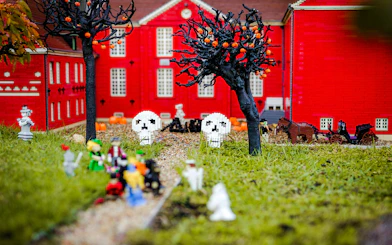 Halloween-themed Lego display with skulls and pumpkins at Legoland Billund.