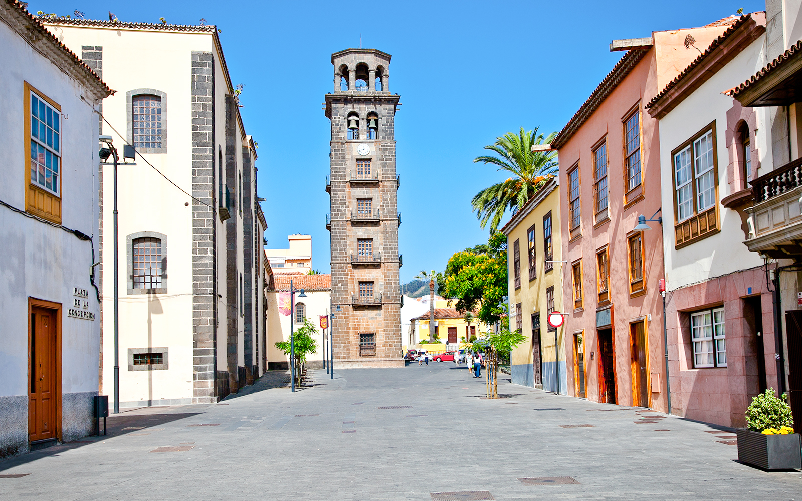 Historic tower and colorful buildings in La Laguna, Tenerife.