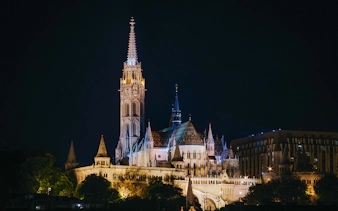 St. Matthias Church illuminated at night in Budapest, Hungary.