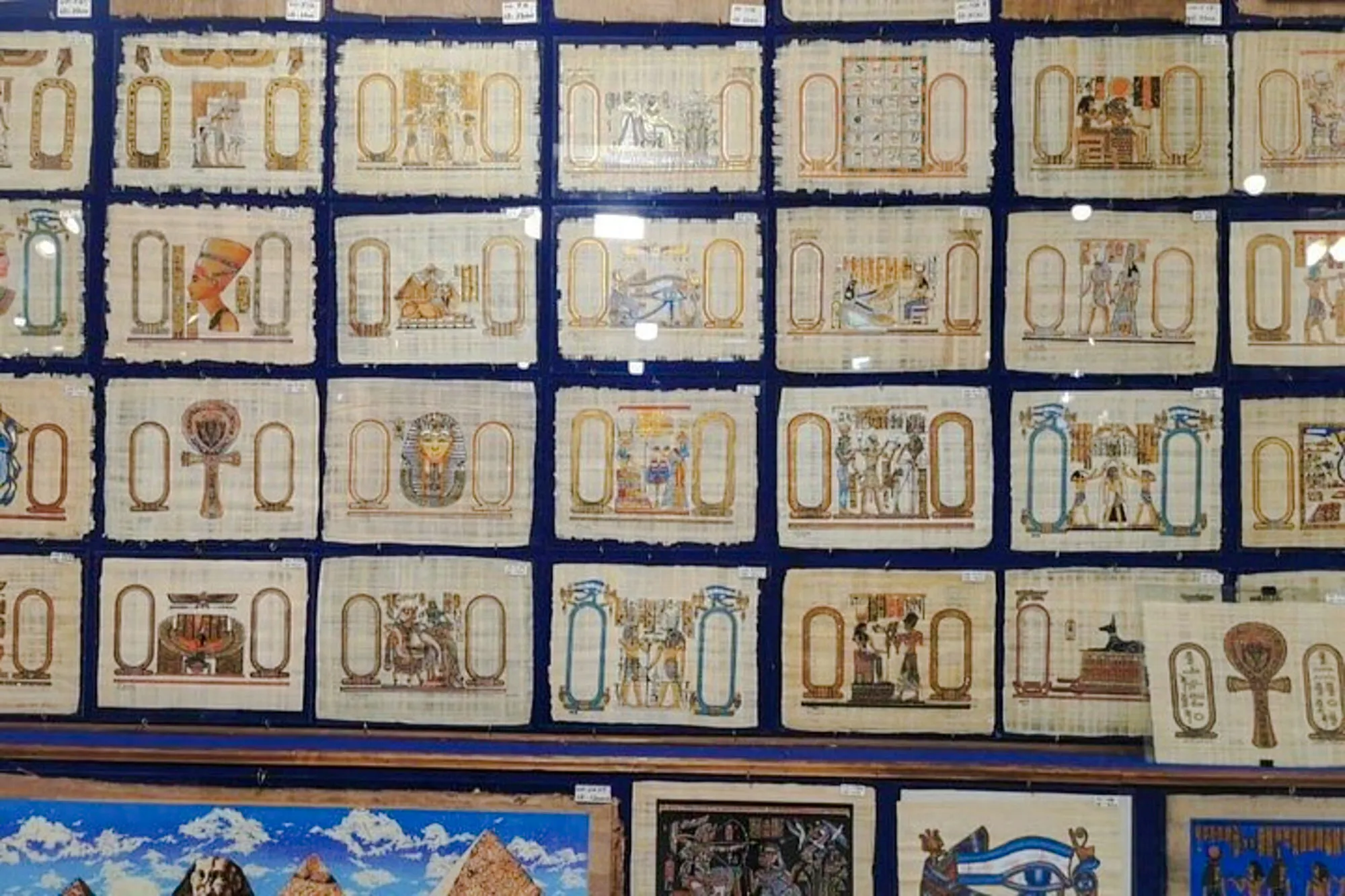 Papyrus art display at Khan el-Khalili market, Cairo.