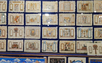 Papyrus art display at Khan el-Khalili market, Cairo.