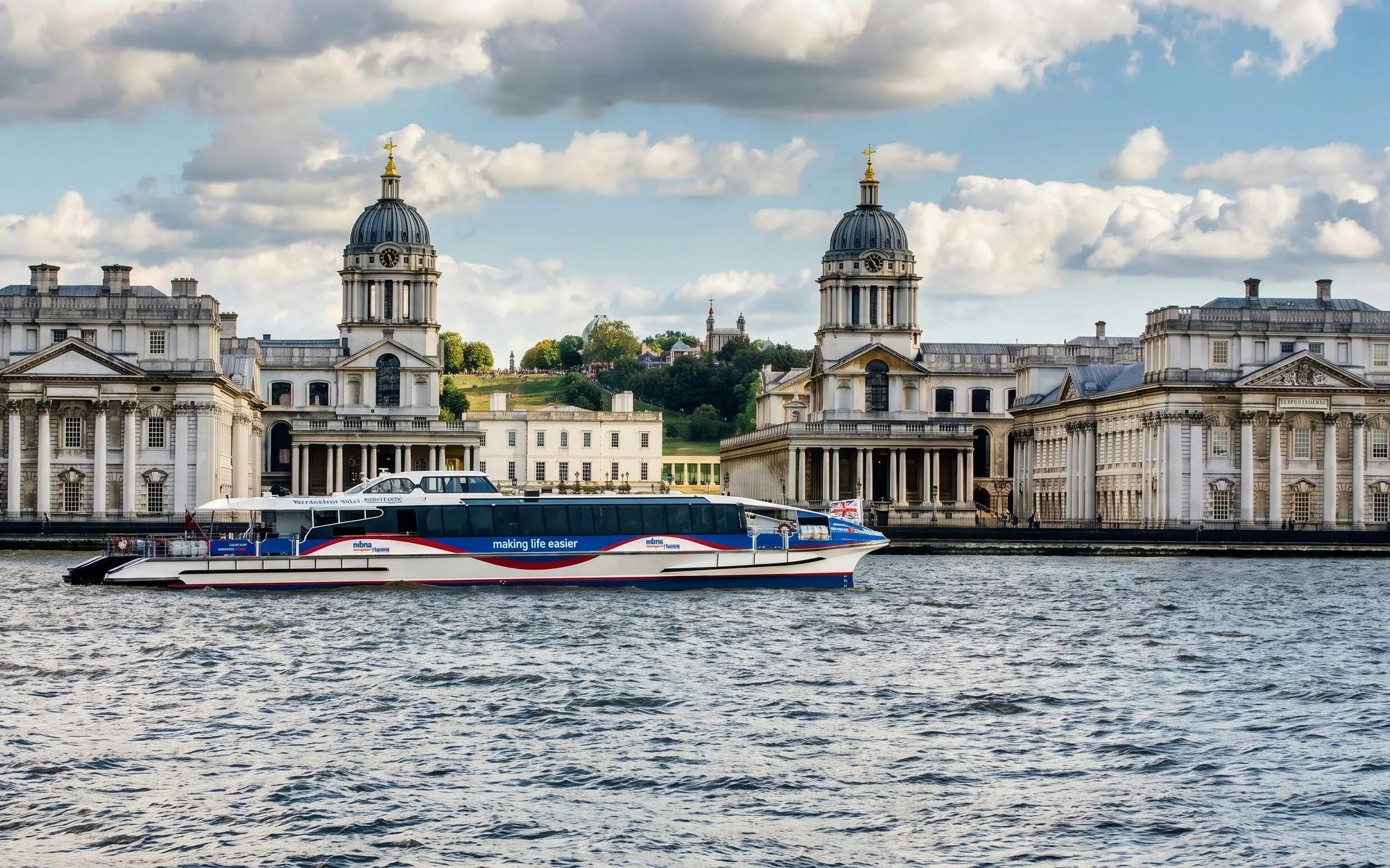 Boat ride past Old Royal Naval College in Greenwich, London.