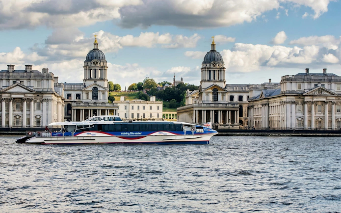 Boat ride past Old Royal Naval College in Greenwich, London.