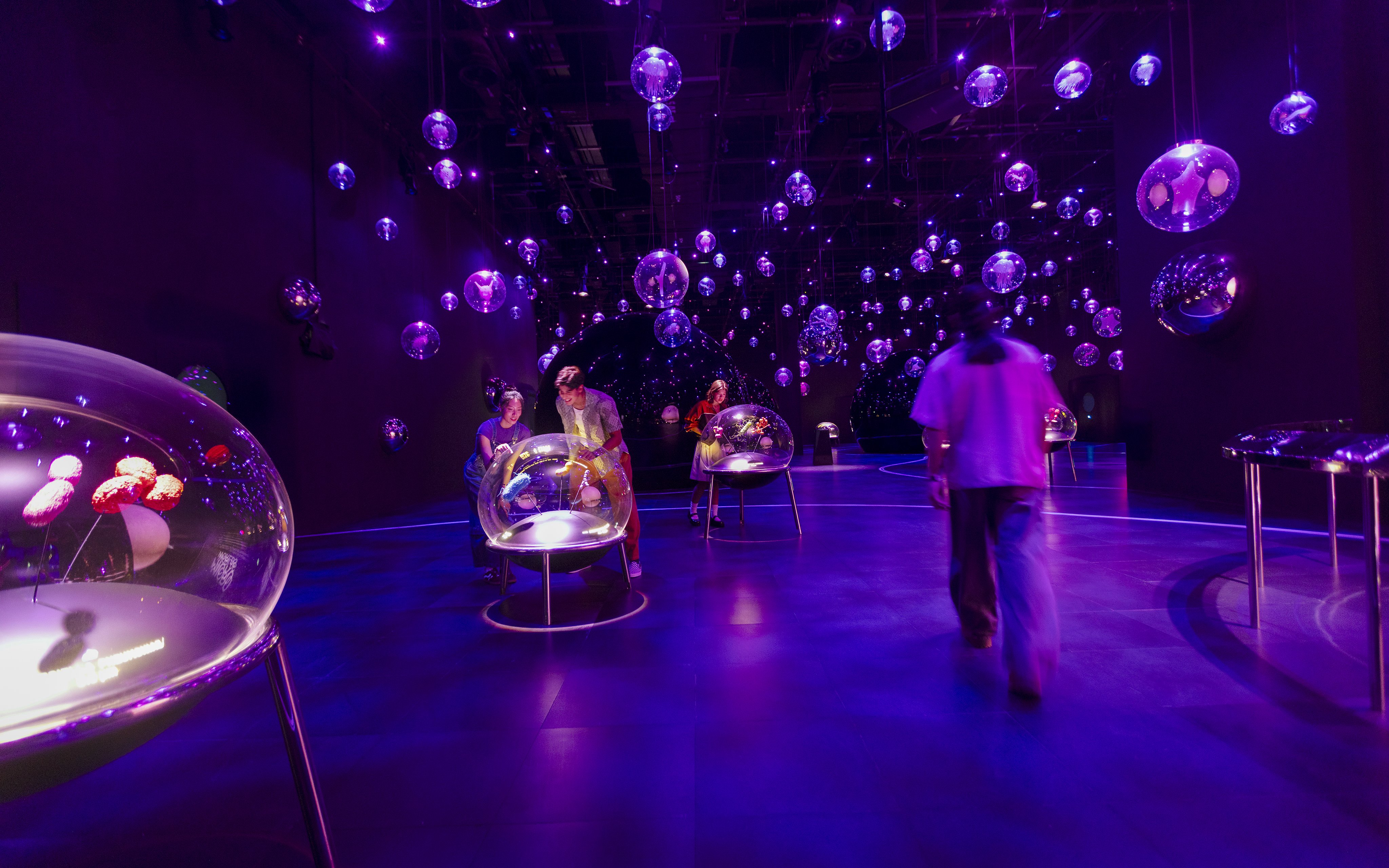 Interactive orb exhibit at Exploria, Mandai Wildlife, with visitors engaging in a vibrant, illuminated space.