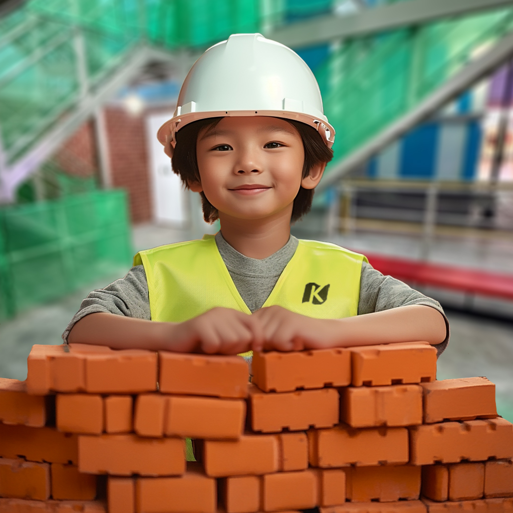 Child in construction gear at KidZania Singapore building with toy bricks.