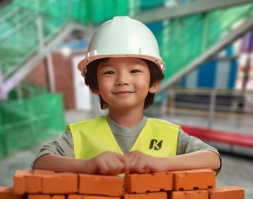 Child in construction gear at KidZania Singapore building with toy bricks.