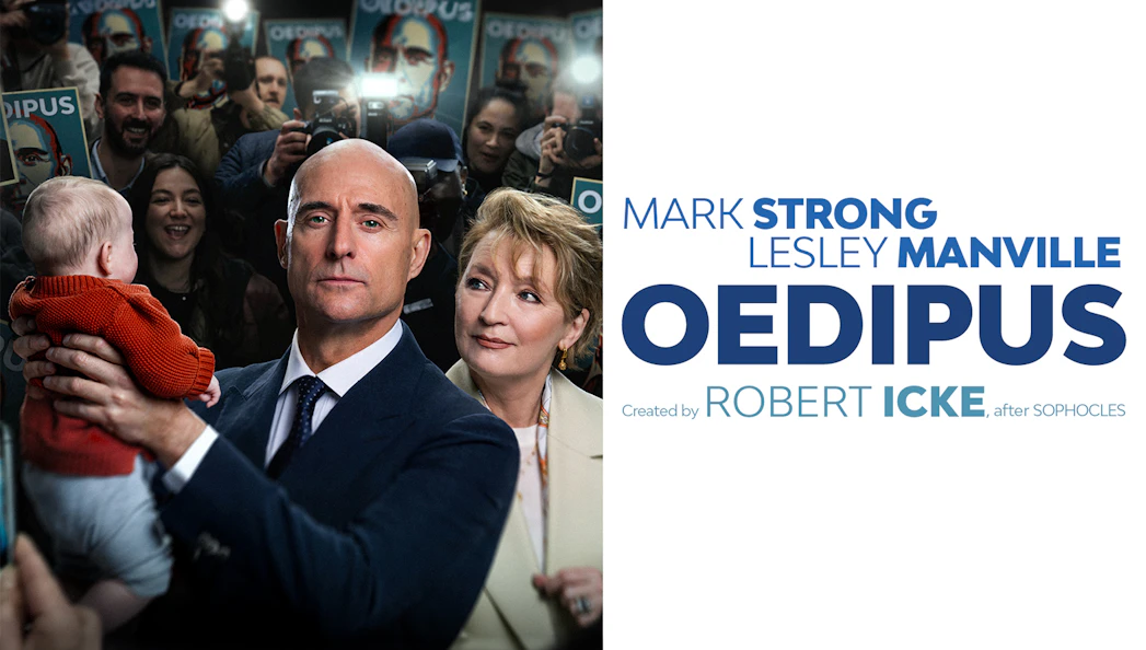 Theater production poster for "Oedipus" featuring a man holding a baby, surrounded by a crowd.