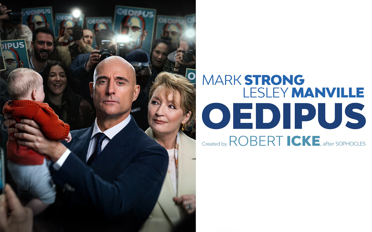Theater production poster for "Oedipus" featuring a man holding a baby, surrounded by a crowd.