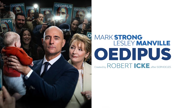 Theater production poster for "Oedipus" featuring a man holding a baby, surrounded by a crowd.