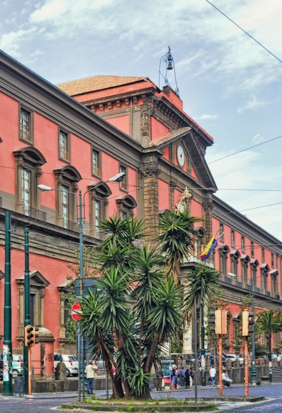 Naples National Archaeological Museum exterior with palm trees and street view.