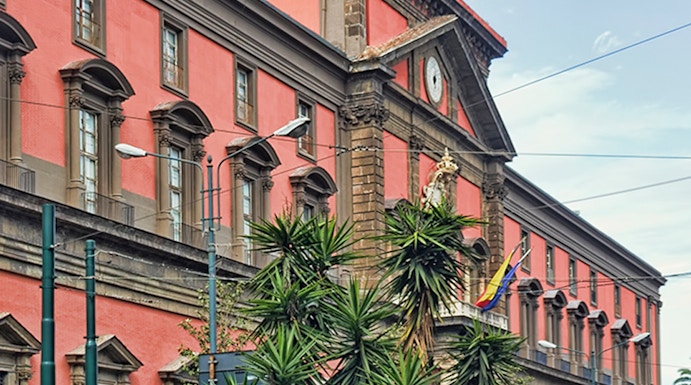 Naples National Archaeological Museum exterior with palm trees and street view.