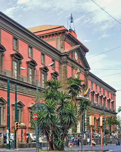 Naples National Archaeological Museum exterior with palm trees and street view.