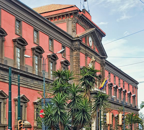 Naples National Archaeological Museum exterior with palm trees and street view.