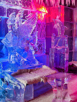 Ice sculptures and seating inside Chillout Ice Lounge Dubai.