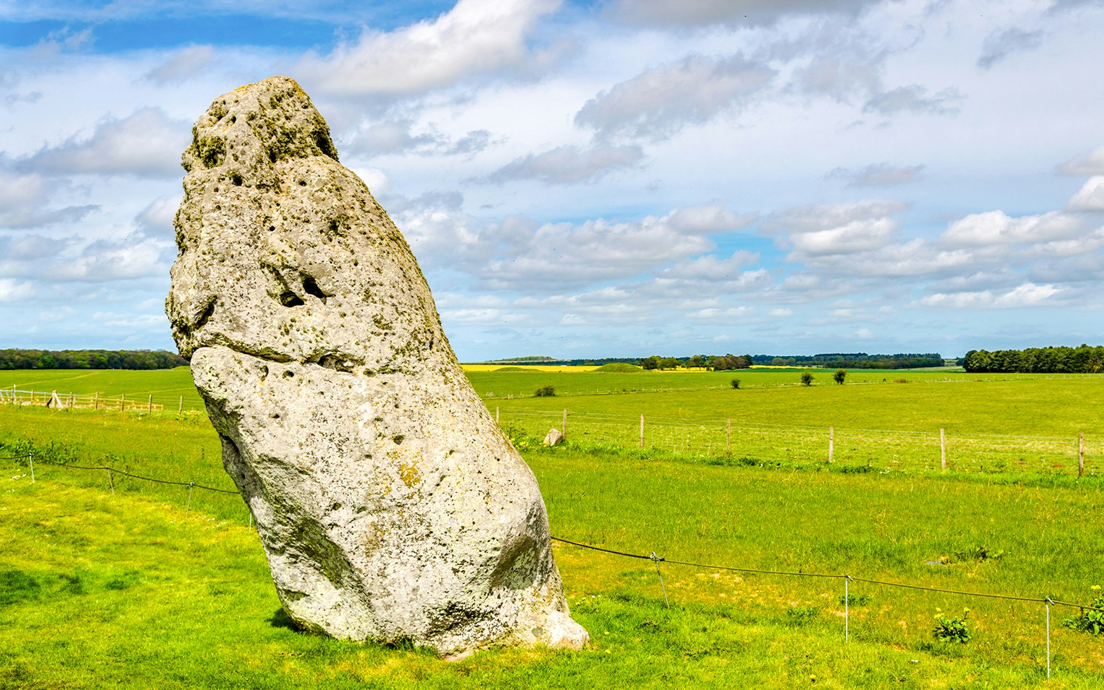 Heel Stone at Stonehenge standing in a grassy field under a cloudy sky.