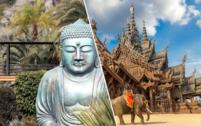 Buddha statue at Nong Nooch Tropical Garden and elephant at The Sanctuary of Truth, Pattaya.