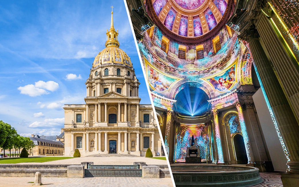 Invalides Paris exterior and interior with immersive light display.