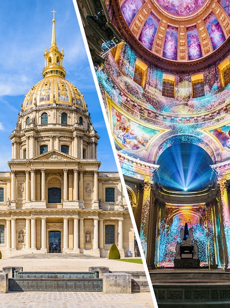 Invalides Paris exterior and interior with immersive light display.