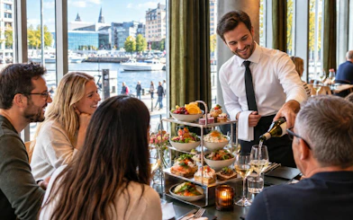 Server pouring wine for diners at a waterfront restaurant in Oslo during a small-group walking tour.