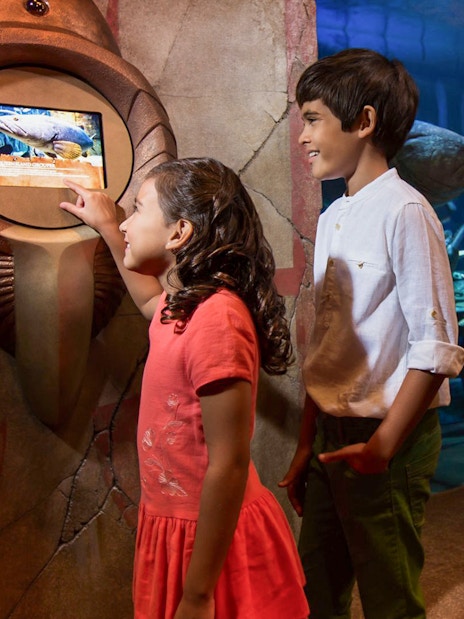 Children exploring interactive display at Atlantis Fish Tales Tour, Lost Chambers Aquarium.