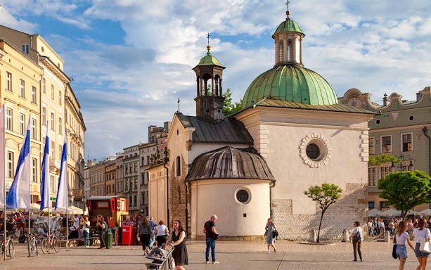 Krakow's Old Town, St. Adalbert's Church, people walking, audioguided tour.