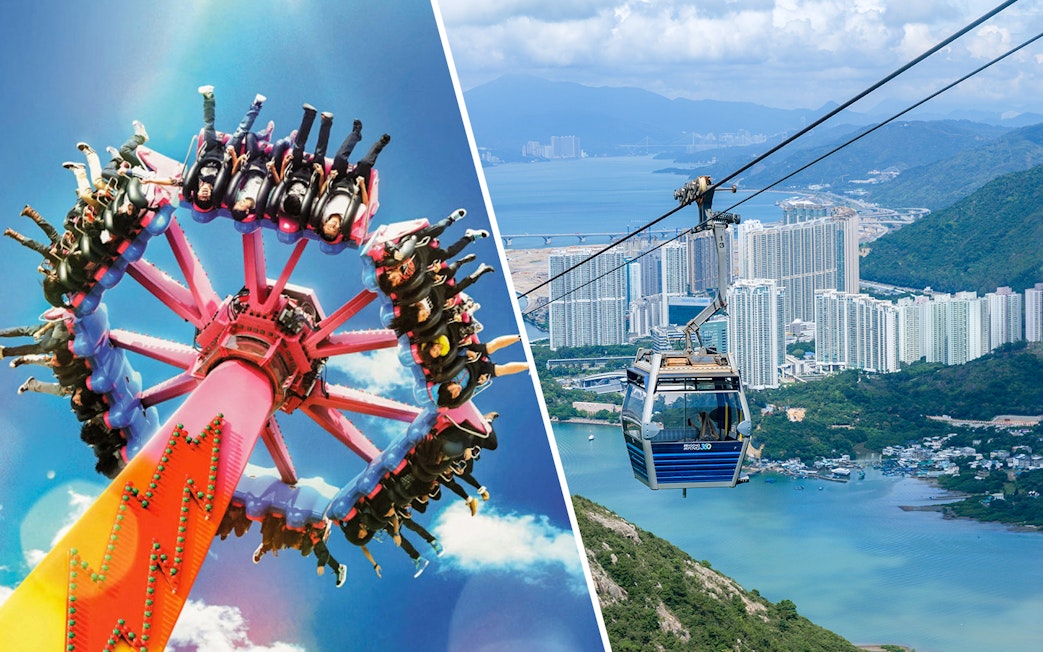 Ocean Park Hong Kong ride and Ngong Ping Cable Car with city view.