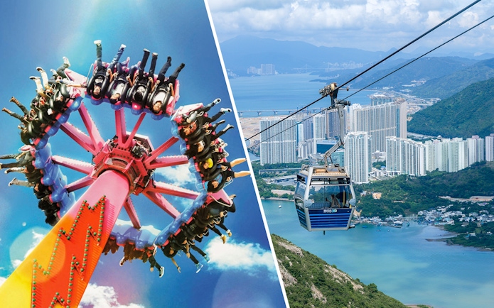 Ocean Park Hong Kong ride and Ngong Ping Cable Car with city view.