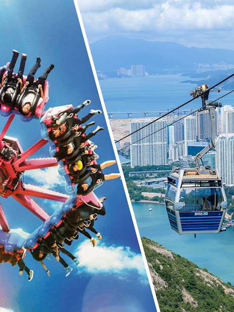 Ocean Park Hong Kong ride and Ngong Ping Cable Car with city view.