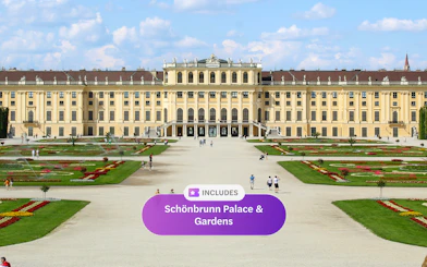 Schönbrunn Palace with ornate gardens and visitors in Vienna.