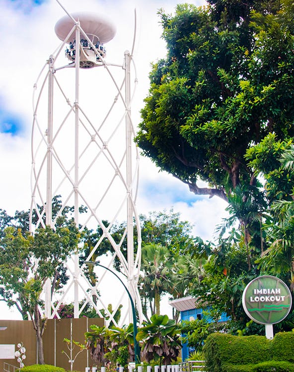 SkyHelix Sentosa ride at Imbiah Lookout, surrounded by lush greenery.